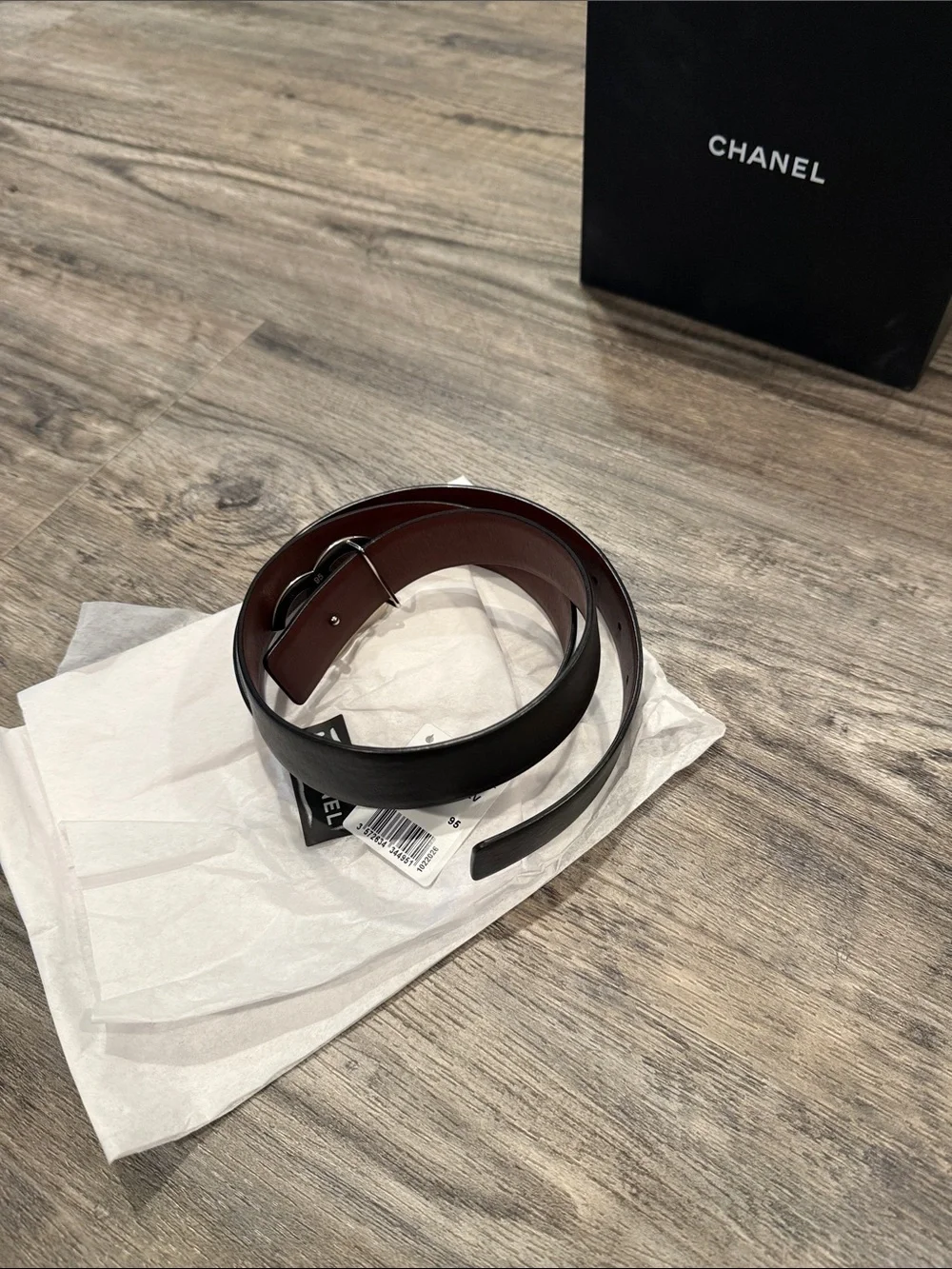 CHANEL Calfskin Leather CC Reversible Belt Silver Buckle Black Burgundy